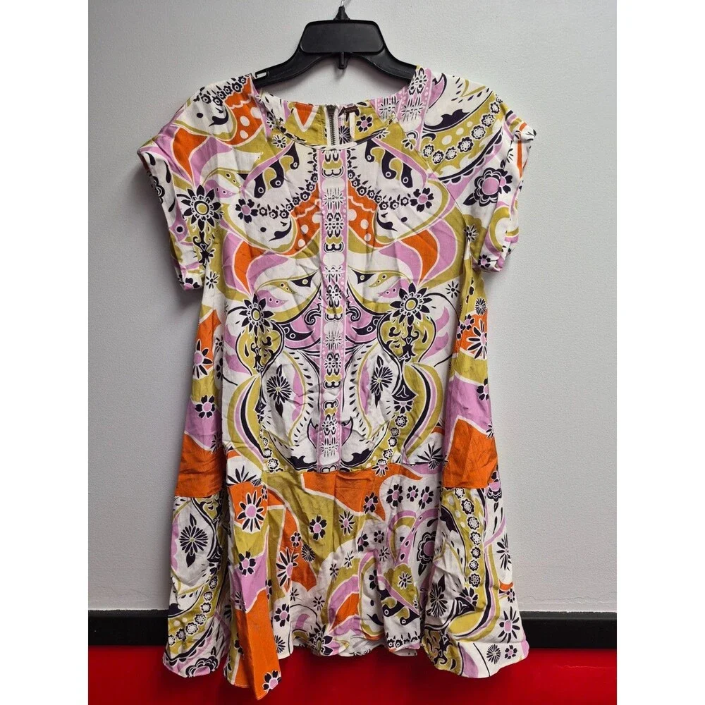Free People Multicolor Paisley Shift Dress XS Mini Short Sleeve Boho Retro Flora